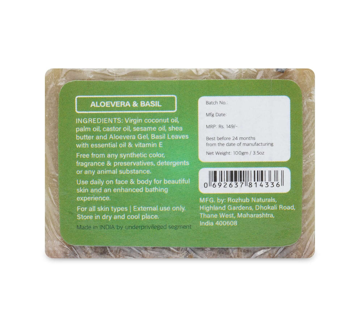 Aloevera Basil Handmade Bathing Soap for Youthful Glow - 100gm - Rozhub Naturals