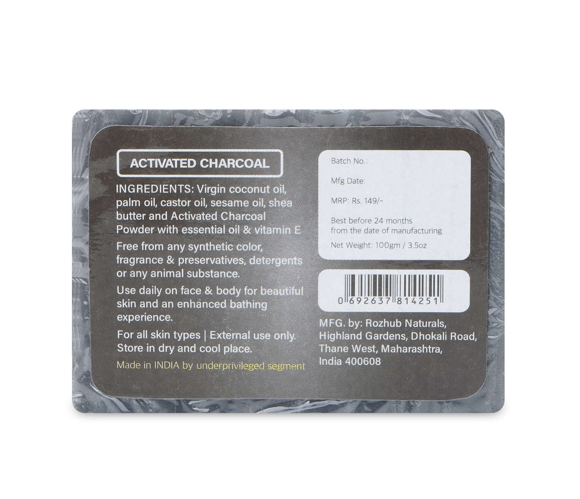 Activated Charcoal Soap for Acne, Blackheads, and Oil Control (100% Natural, Handmade, with Organic Coconut Oil and Shea Butter) 100gm - Rozhub Naturals