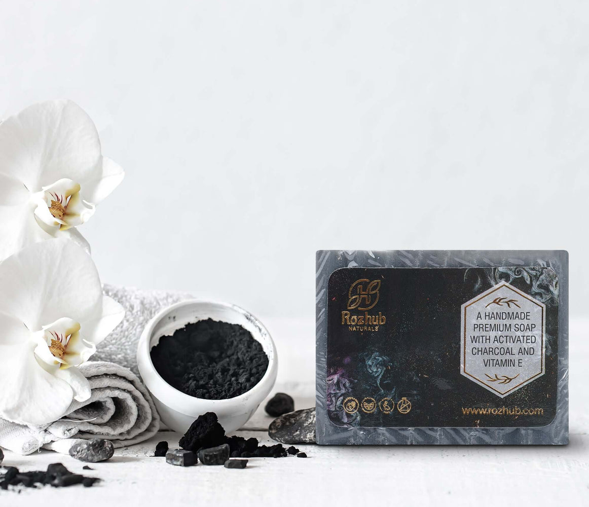 Activated Charcoal Soap for Acne, Blackheads, and Oil Control (100% Natural, Handmade, with Organic Coconut Oil and Shea Butter) 100gm - Rozhub Naturals
